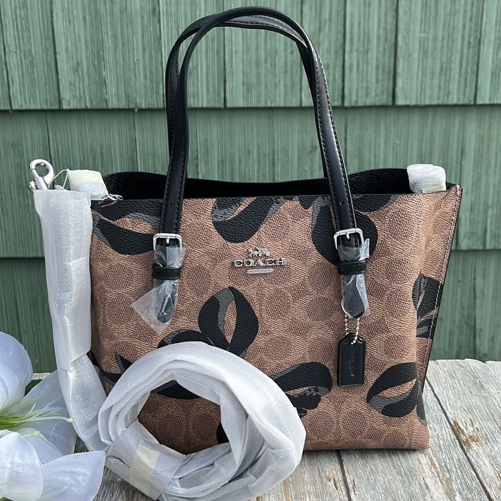 Coach Mollie Tote Bag 25 In Signature Canvas With Bow Print Purse - Picture 9 of 9
